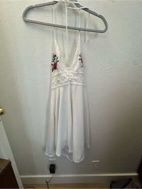 Flying Tomato White Mini Dress with Red & Green Floral Embroidery Large